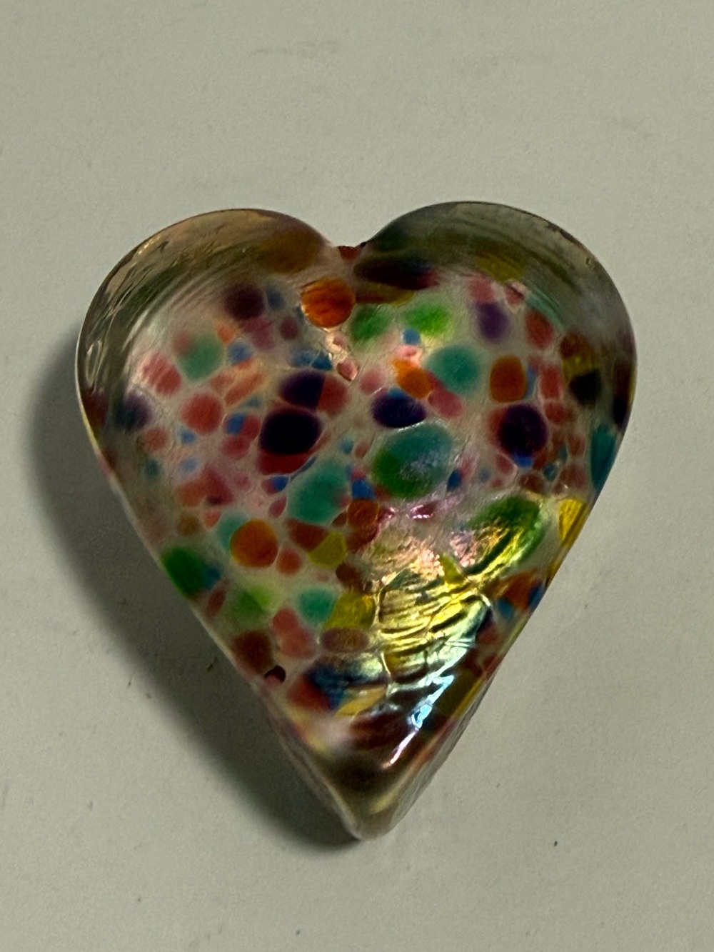 Vintage Robert Held Signed Art Glass Heart Paperweight Iridescent Confetti